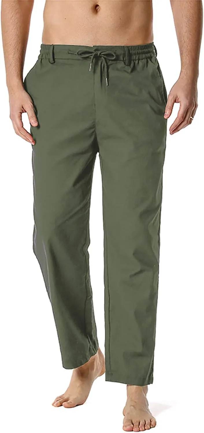 Mens Slim Fit Cotton Linen Pants Straight Leg Elastic Waist Classic Chino Pants Lightweight Beach Yoga Trousers with Pockets