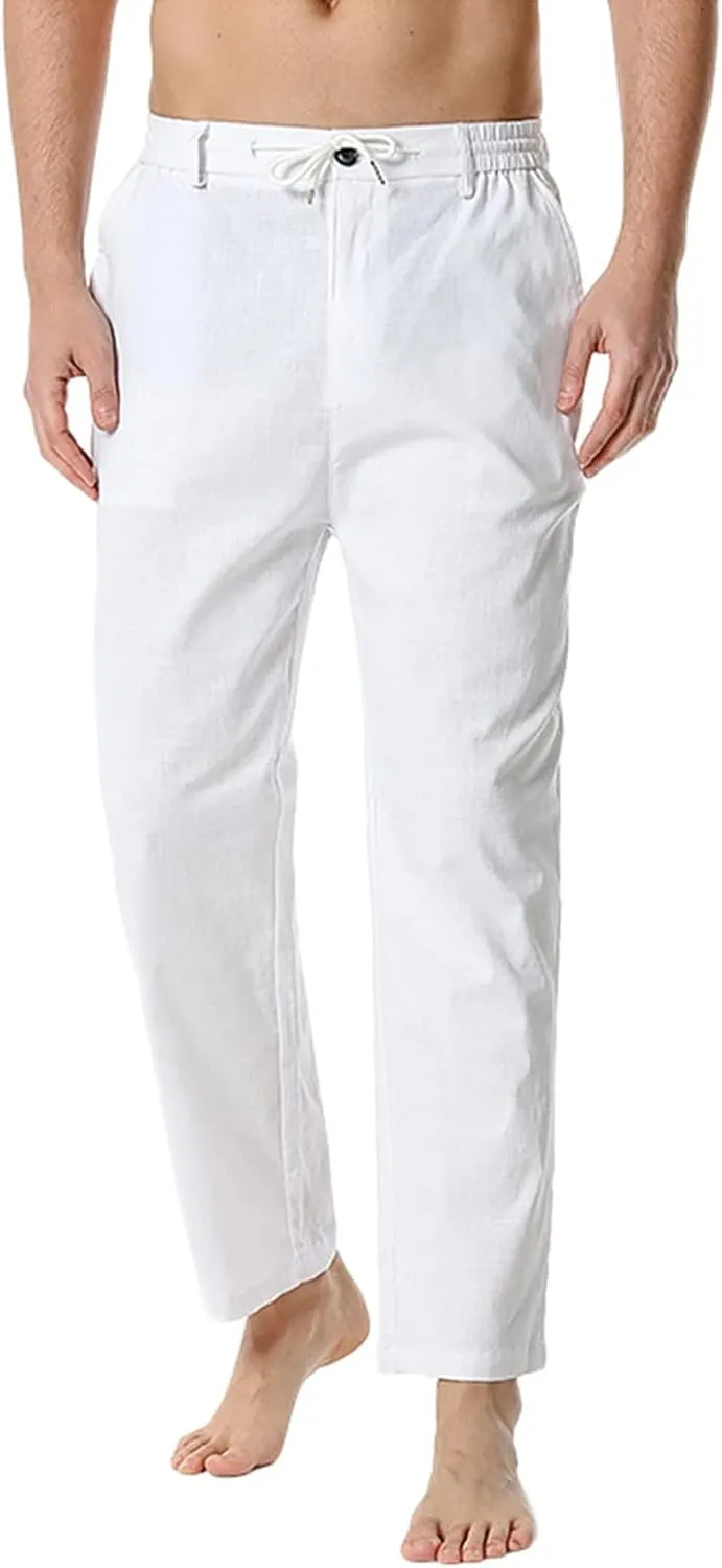 Mens Slim Fit Cotton Linen Pants Straight Leg Elastic Waist Classic Chino Pants Lightweight Beach Yoga Trousers with Pockets