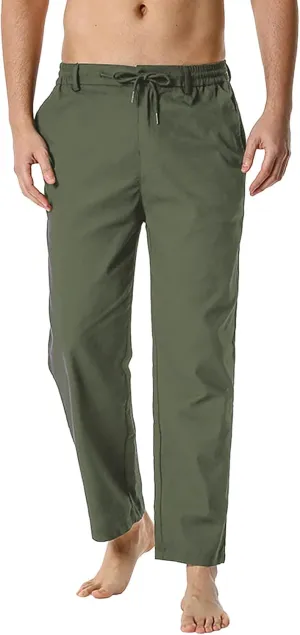 Mens Slim Fit Cotton Linen Pants Straight Leg Elastic Waist Classic Chino Pants Lightweight Beach Yoga Trousers with Pockets