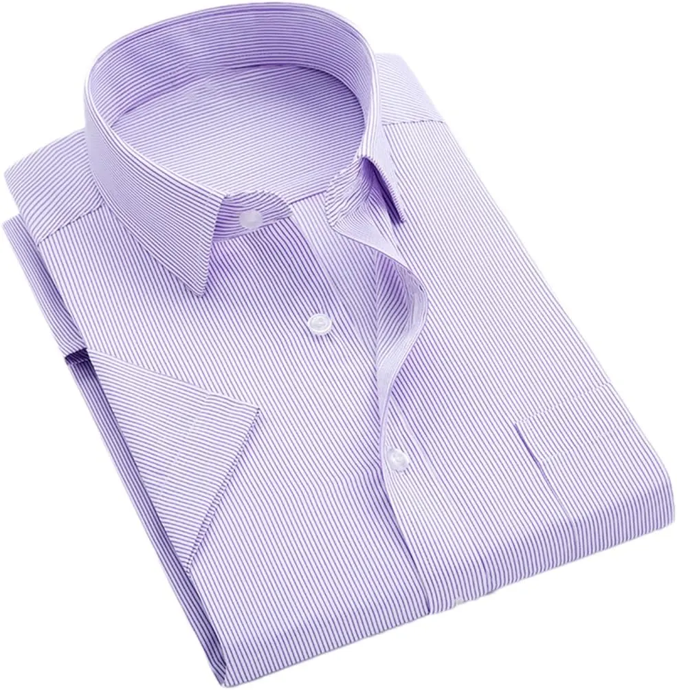 Men's Solid Color Striped Dress Shirt Single Breasted Lapel Wrinkle Resistant Shirt D08-1 7XL