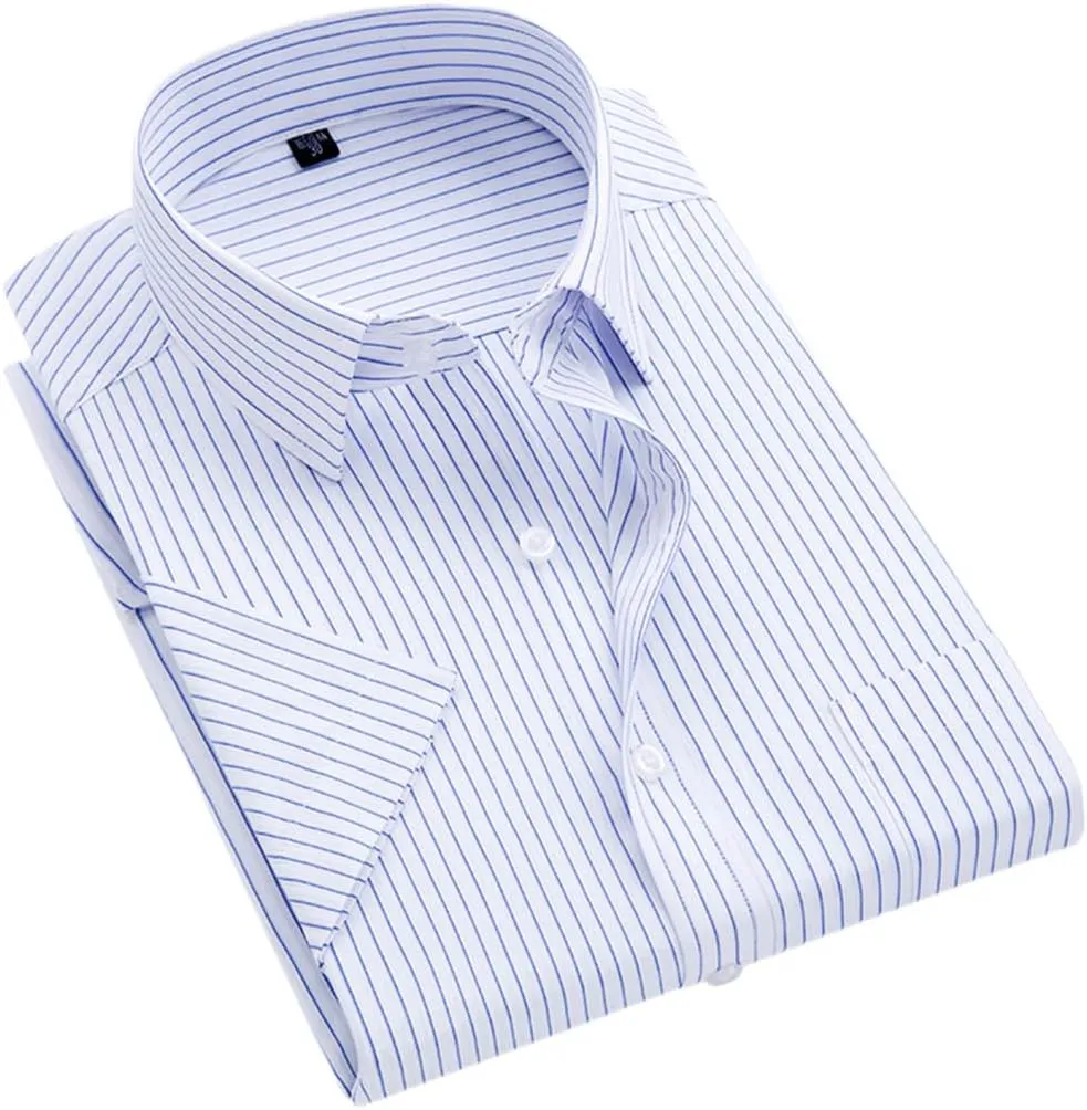 Men's Solid Color Striped Dress Shirt Single Breasted Lapel Wrinkle Resistant Shirt D08-6 XXL