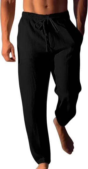 Men's Summer Beach Linen Pants Lightweight Casual Pants Elastic Waist Drawstring Trousers Outdoor Vacation Slacks