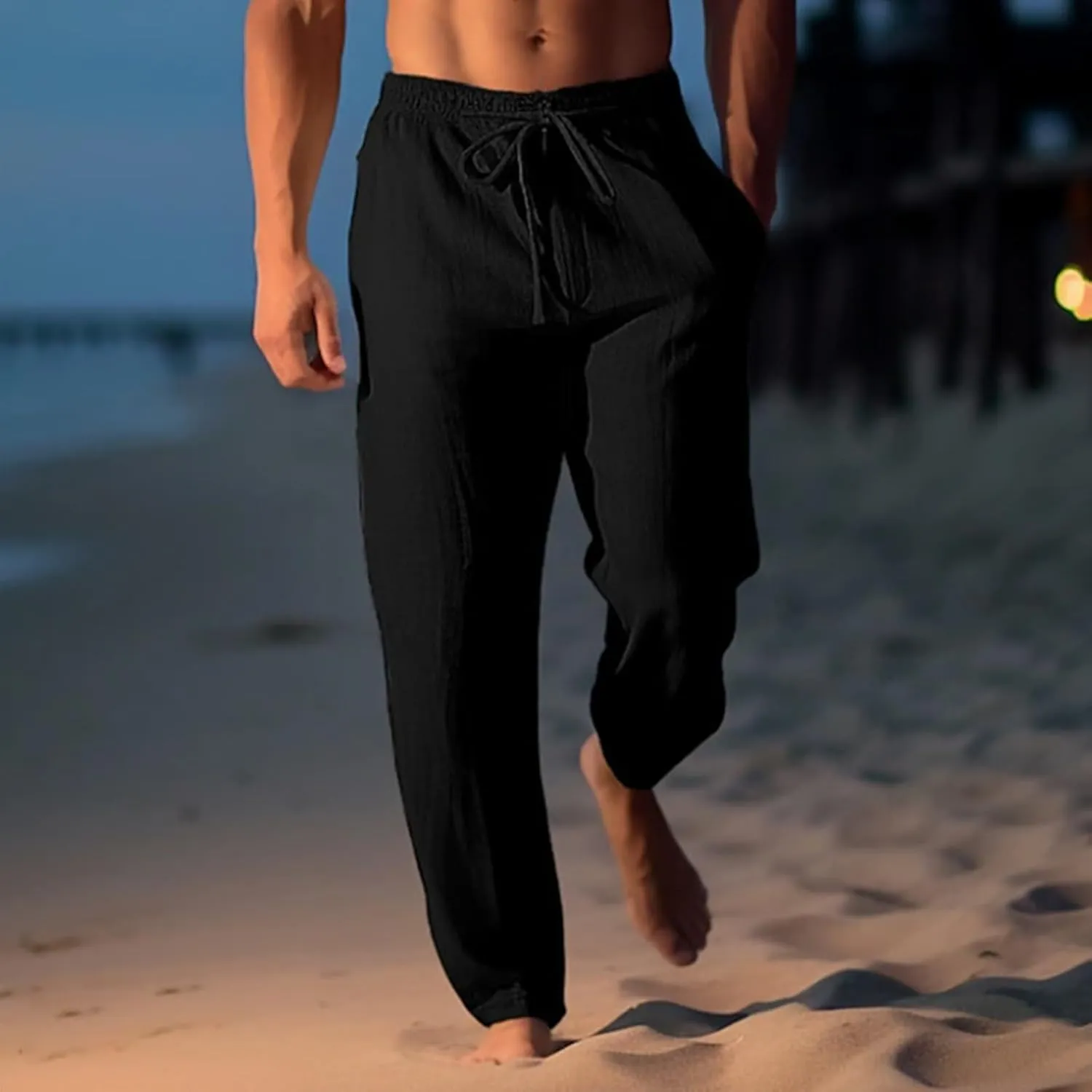 Men's Summer Beach Linen Pants Lightweight Casual Pants Elastic Waist Drawstring Trousers Outdoor Vacation Slacks