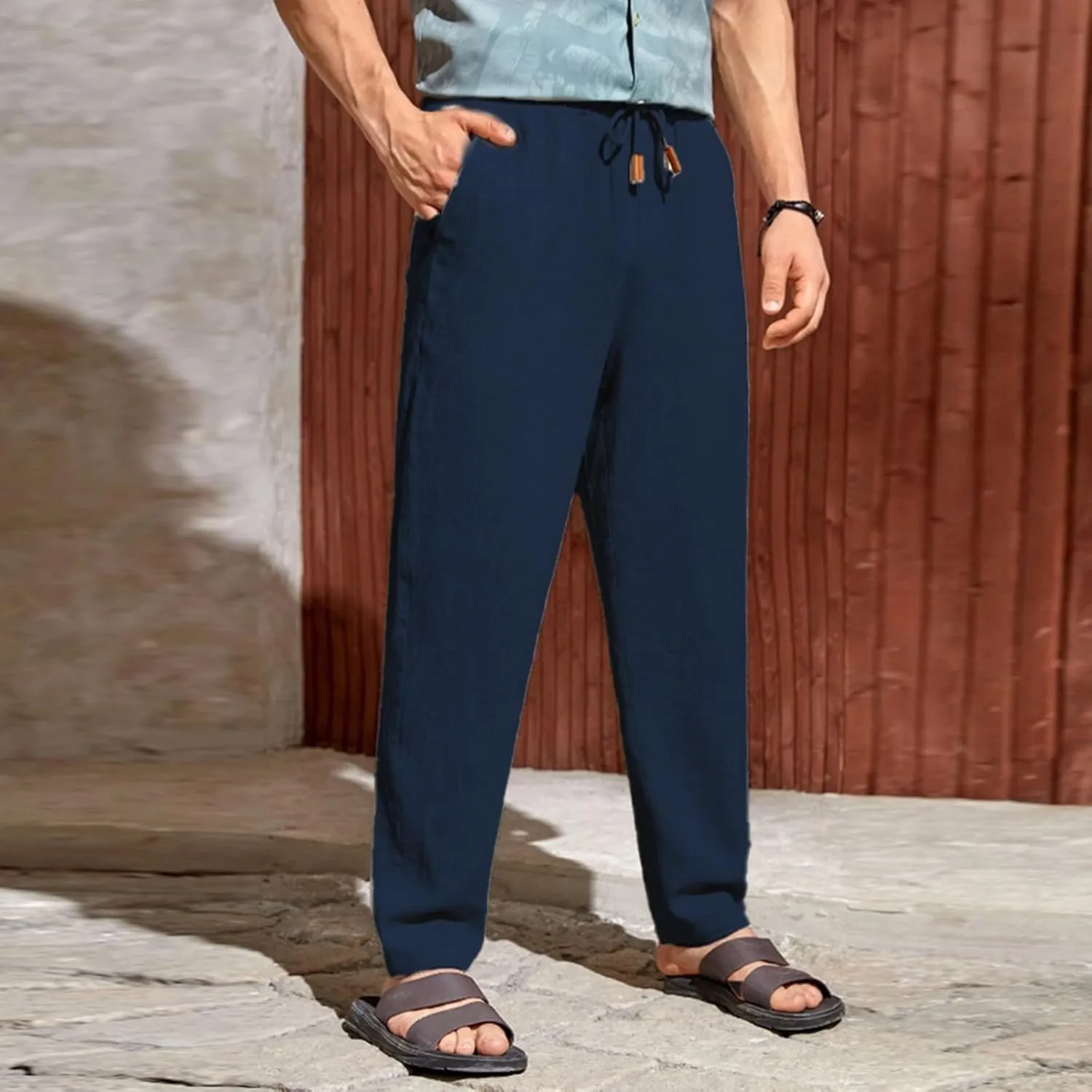 Men's Summer Beach Linen Pants Lightweight Casual Vacation Slacks Elastic Waist Drawstring Yoga Trousers with Pockets