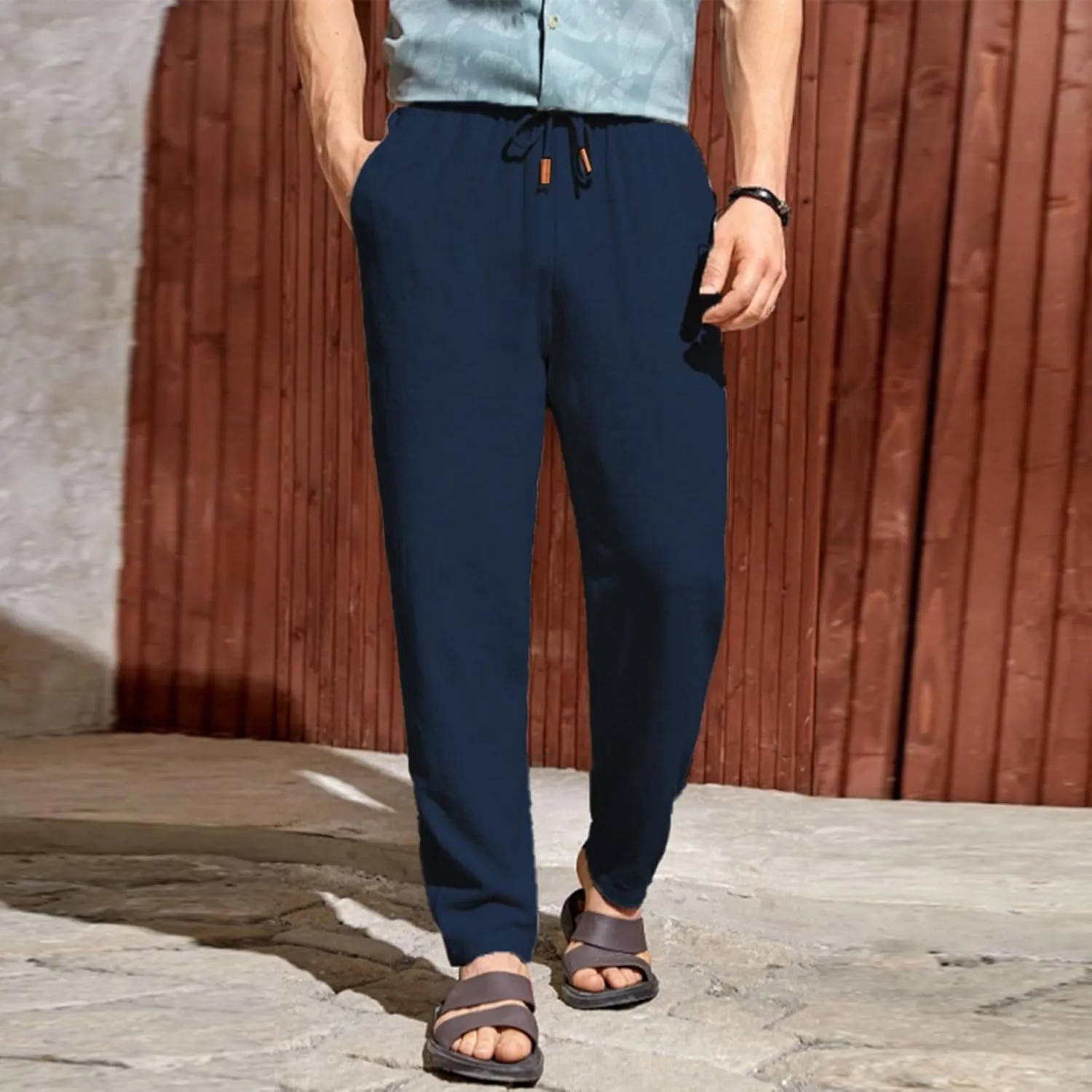 Men's Summer Beach Linen Pants Lightweight Casual Vacation Slacks Elastic Waist Drawstring Yoga Trousers with Pockets
