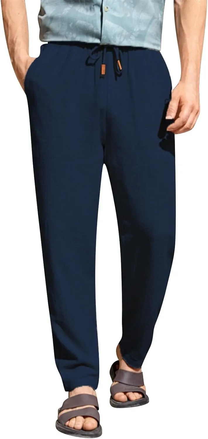 Men's Summer Beach Linen Pants Lightweight Casual Vacation Slacks Elastic Waist Drawstring Yoga Trousers with Pockets