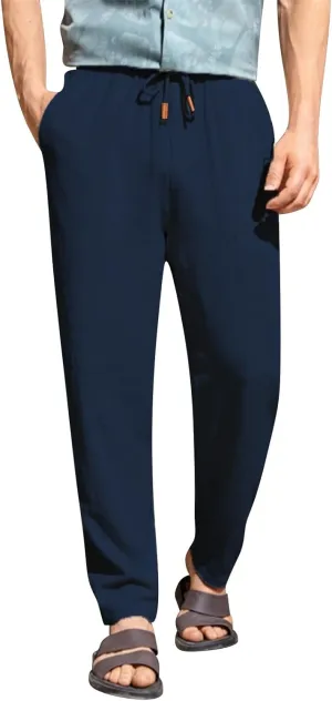 Men's Summer Beach Linen Pants Lightweight Casual Vacation Slacks Elastic Waist Drawstring Yoga Trousers with Pockets