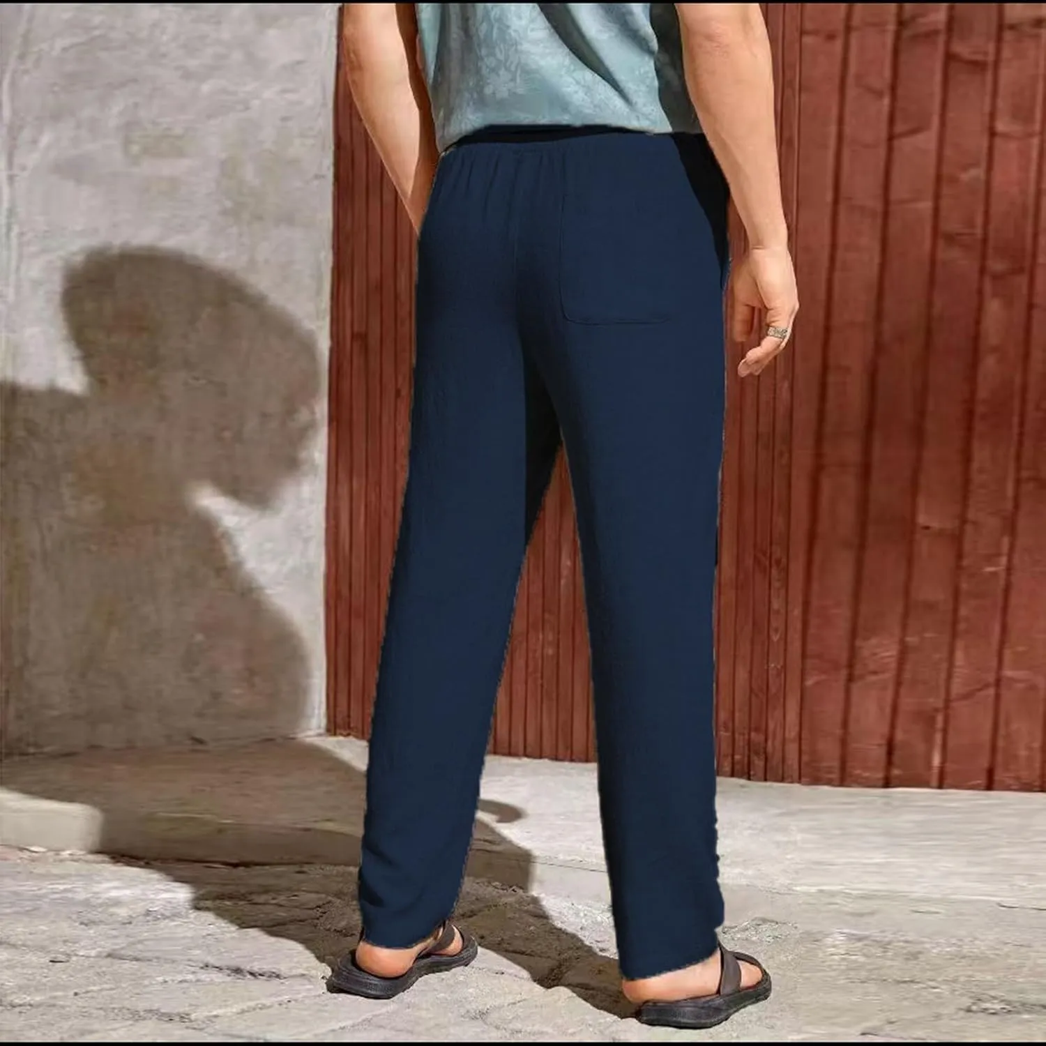 Men's Summer Beach Linen Pants Lightweight Casual Vacation Slacks Elastic Waist Drawstring Yoga Trousers with Pockets