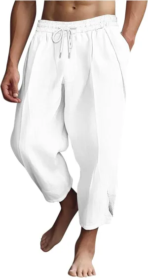 Men's Summer Beach Pants Elastic Waist Joggers Regular Fit Solid Color Pant Summer Long Trousers with Pockets