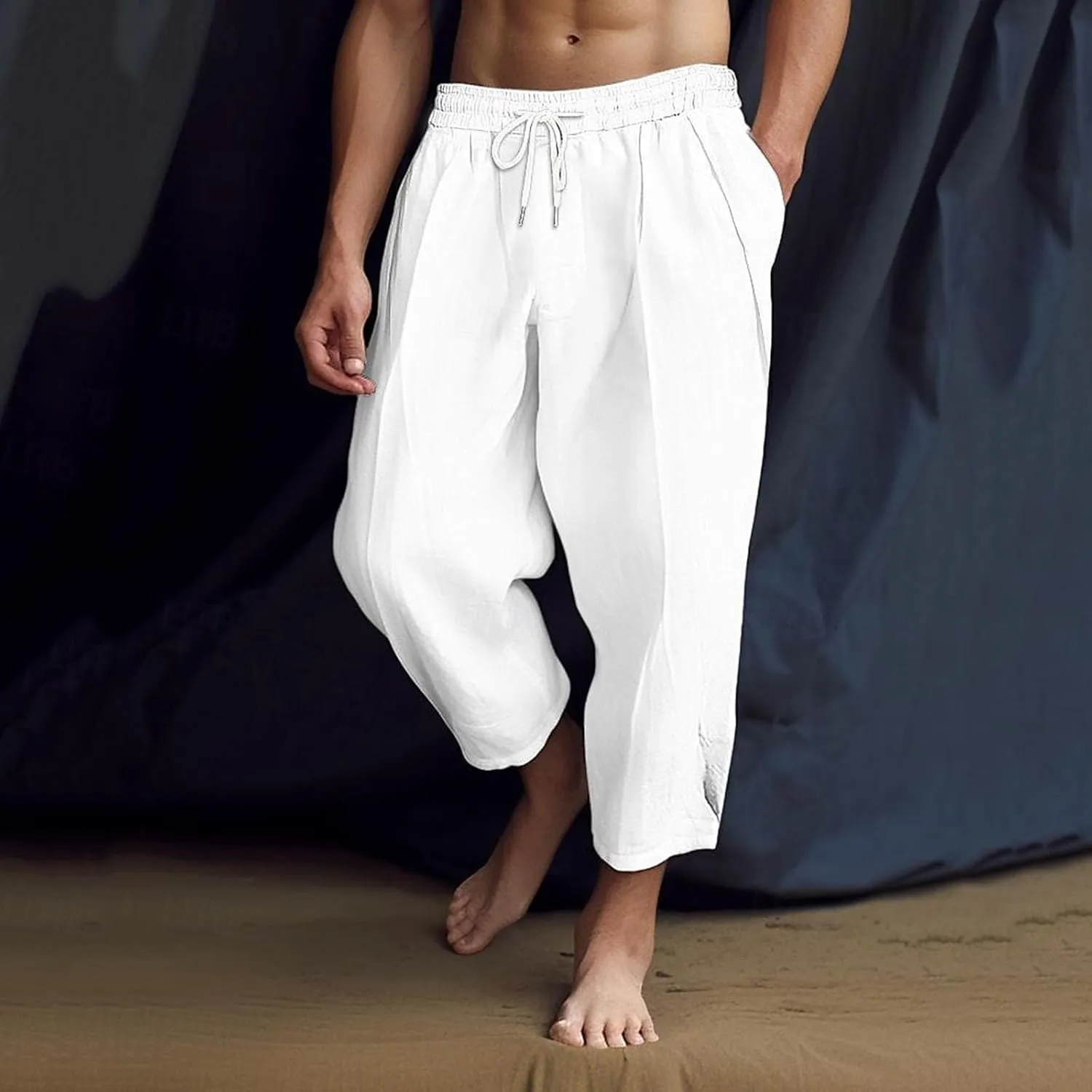 Men's Summer Beach Pants Elastic Waist Joggers Regular Fit Solid Color Pant Summer Long Trousers with Pockets
