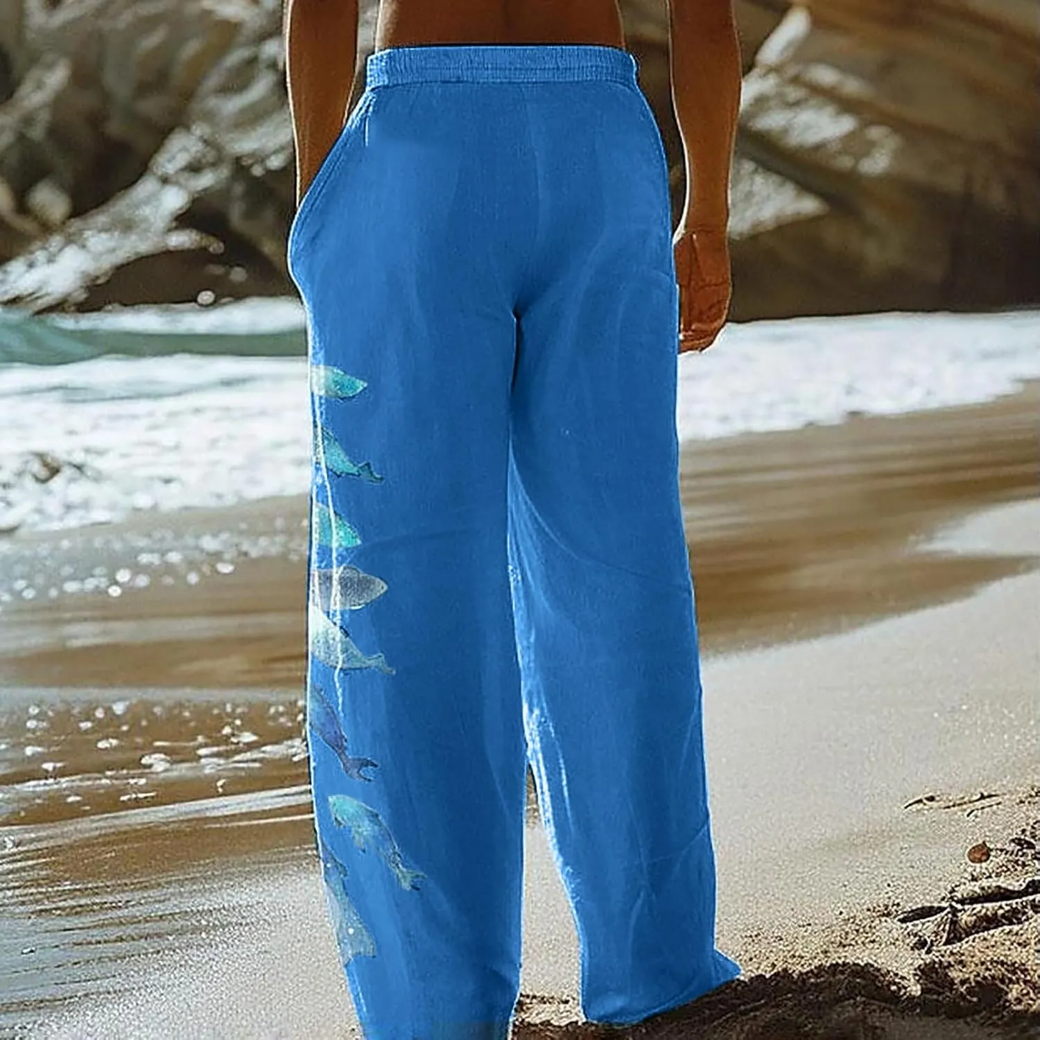 Mens Summer Print Linen Pants Wide Leg Loose Fit Elatic Waist Casaul Pants Straight Leg Drawstrings Outdoor Hemp Trousers