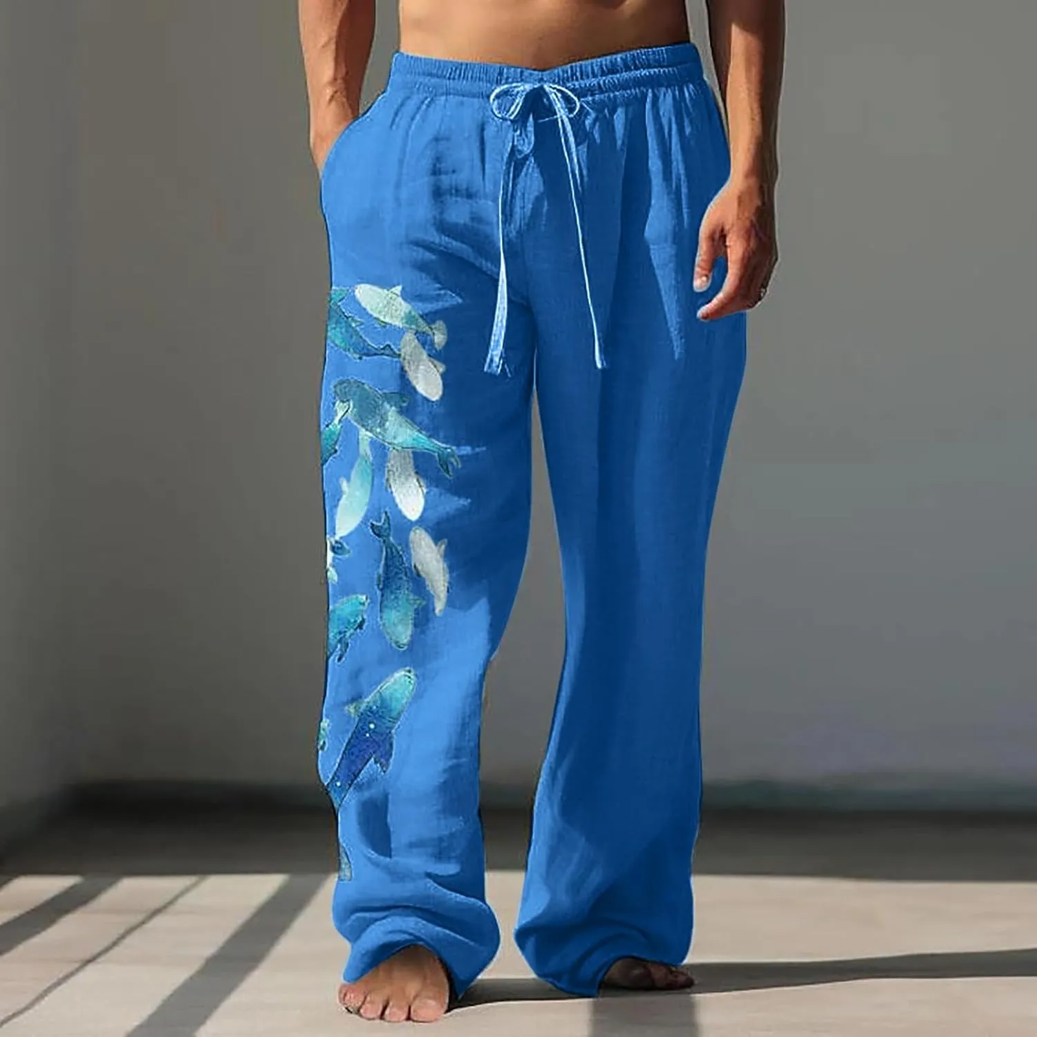 Mens Summer Print Linen Pants Wide Leg Loose Fit Elatic Waist Casaul Pants Straight Leg Drawstrings Outdoor Hemp Trousers