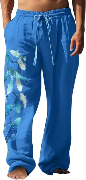 Mens Summer Print Linen Pants Wide Leg Loose Fit Elatic Waist Casaul Pants Straight Leg Drawstrings Outdoor Hemp Trousers