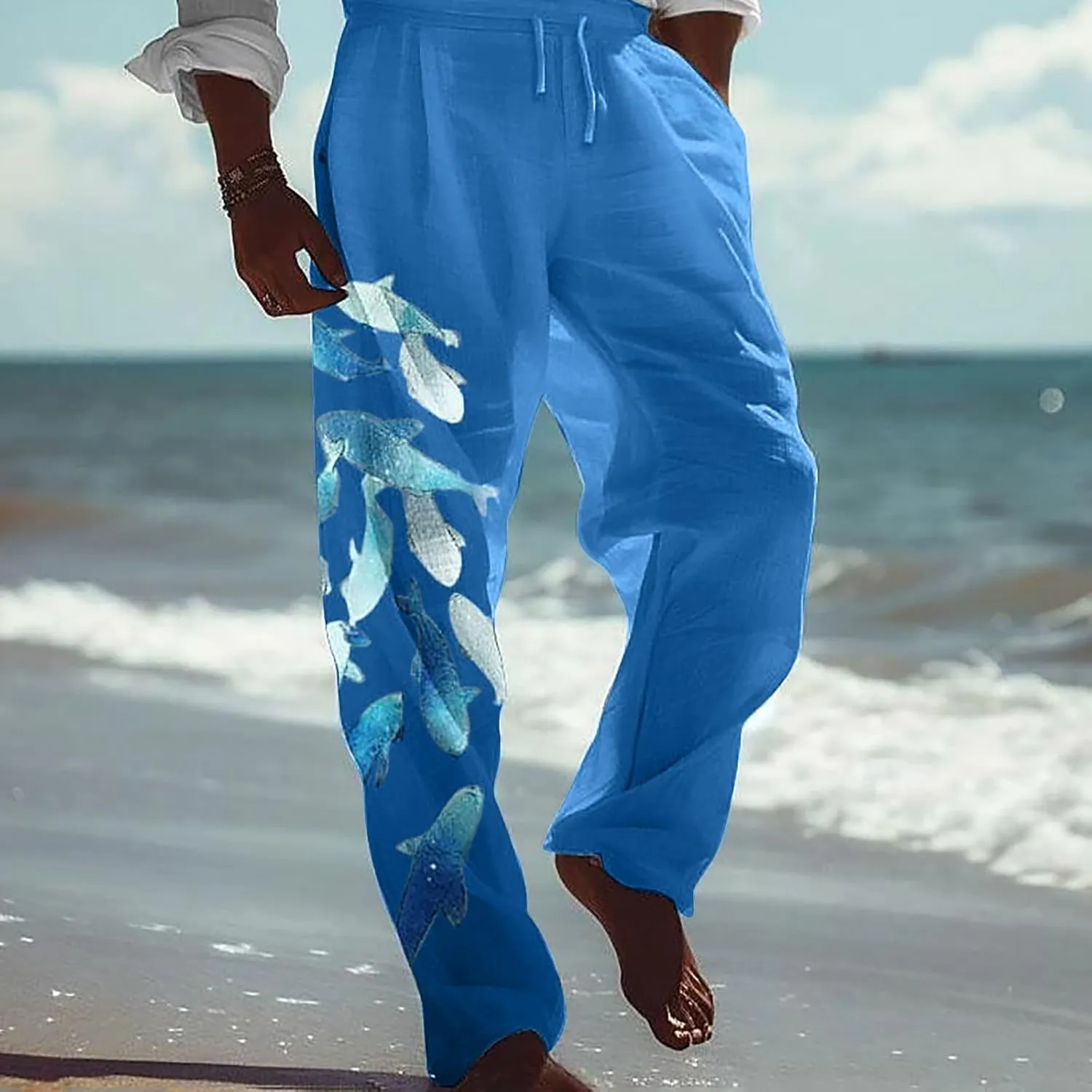 Mens Summer Print Linen Pants Wide Leg Loose Fit Elatic Waist Casaul Pants Straight Leg Drawstrings Outdoor Hemp Trousers
