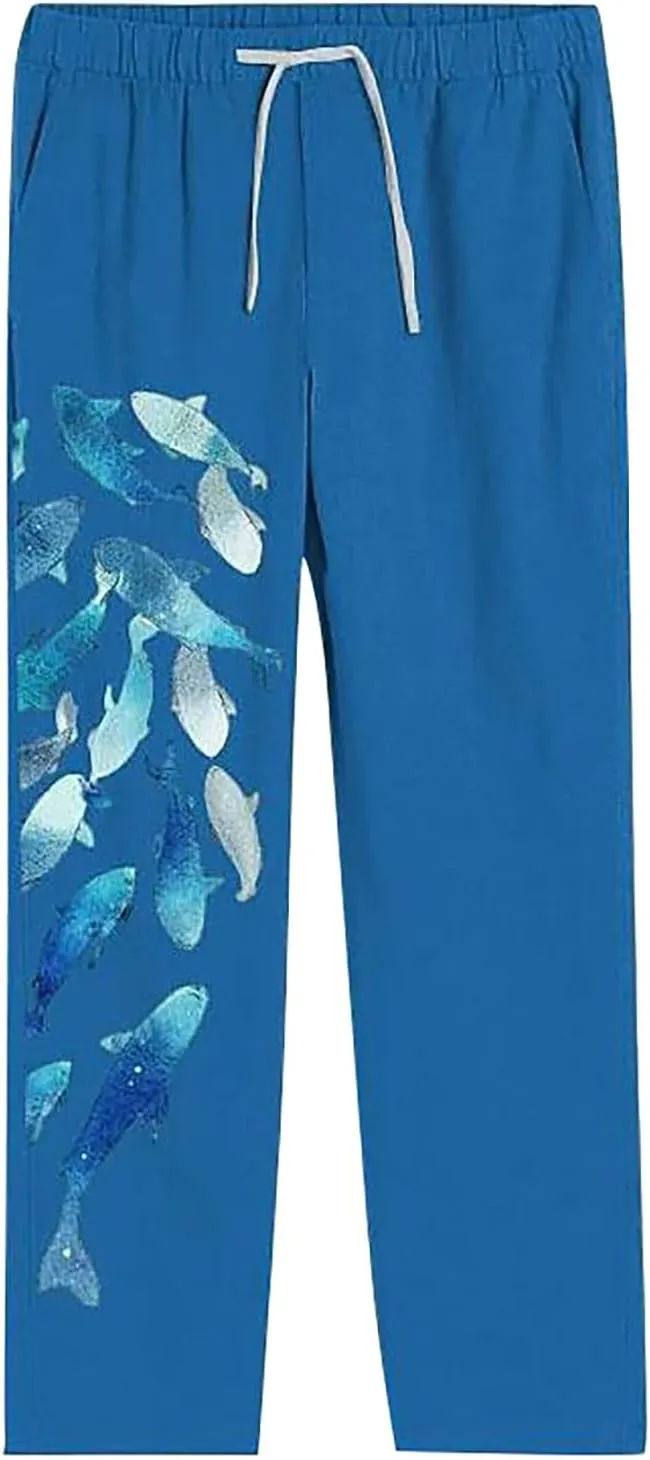 Mens Summer Print Linen Pants Wide Leg Loose Fit Elatic Waist Casaul Pants Straight Leg Drawstrings Outdoor Hemp Trousers