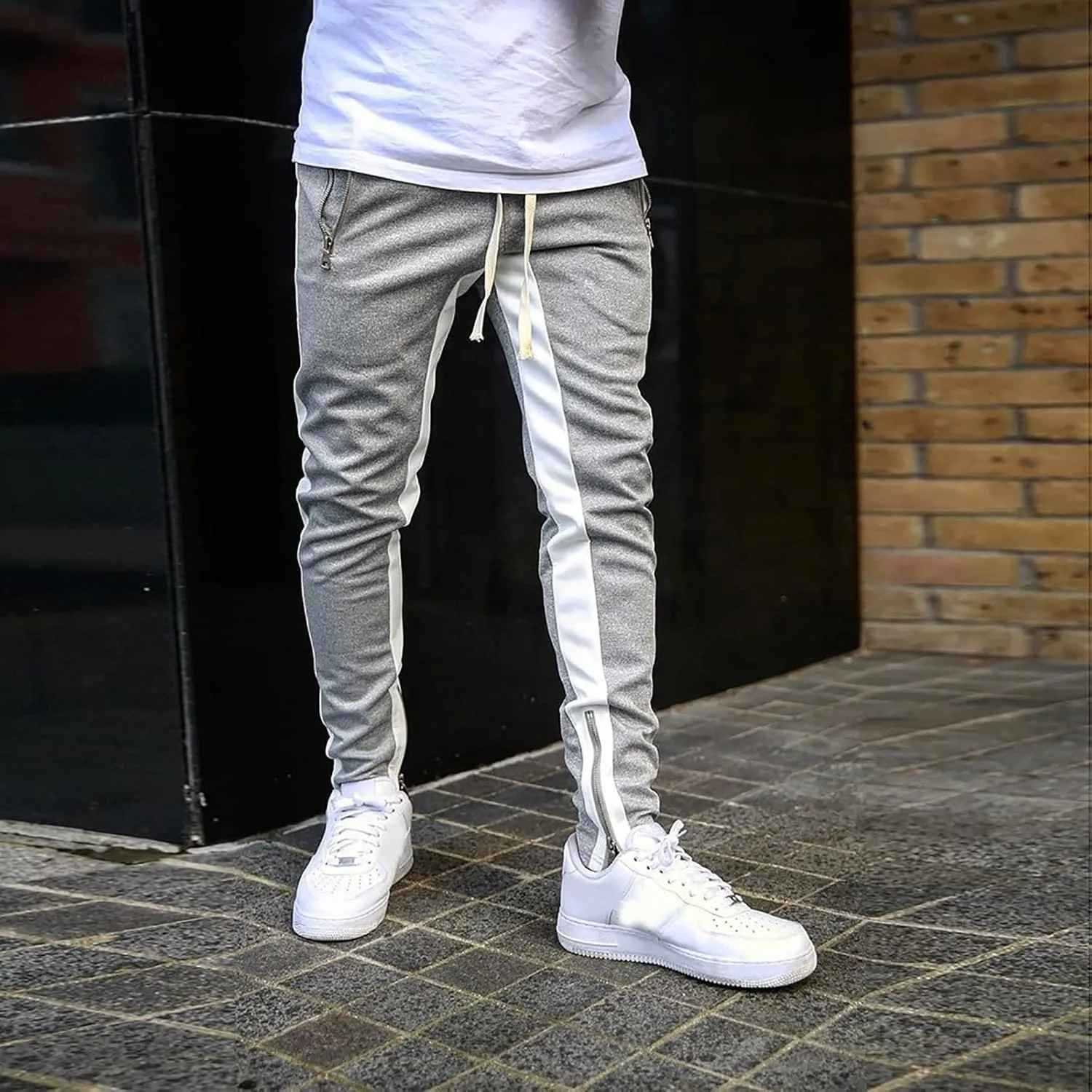 Mens Sweatpants with Pockets Waist Zipper Hem Corduroy Cargo Pants with Pockets Men's Casual Drawstring High Waisted
