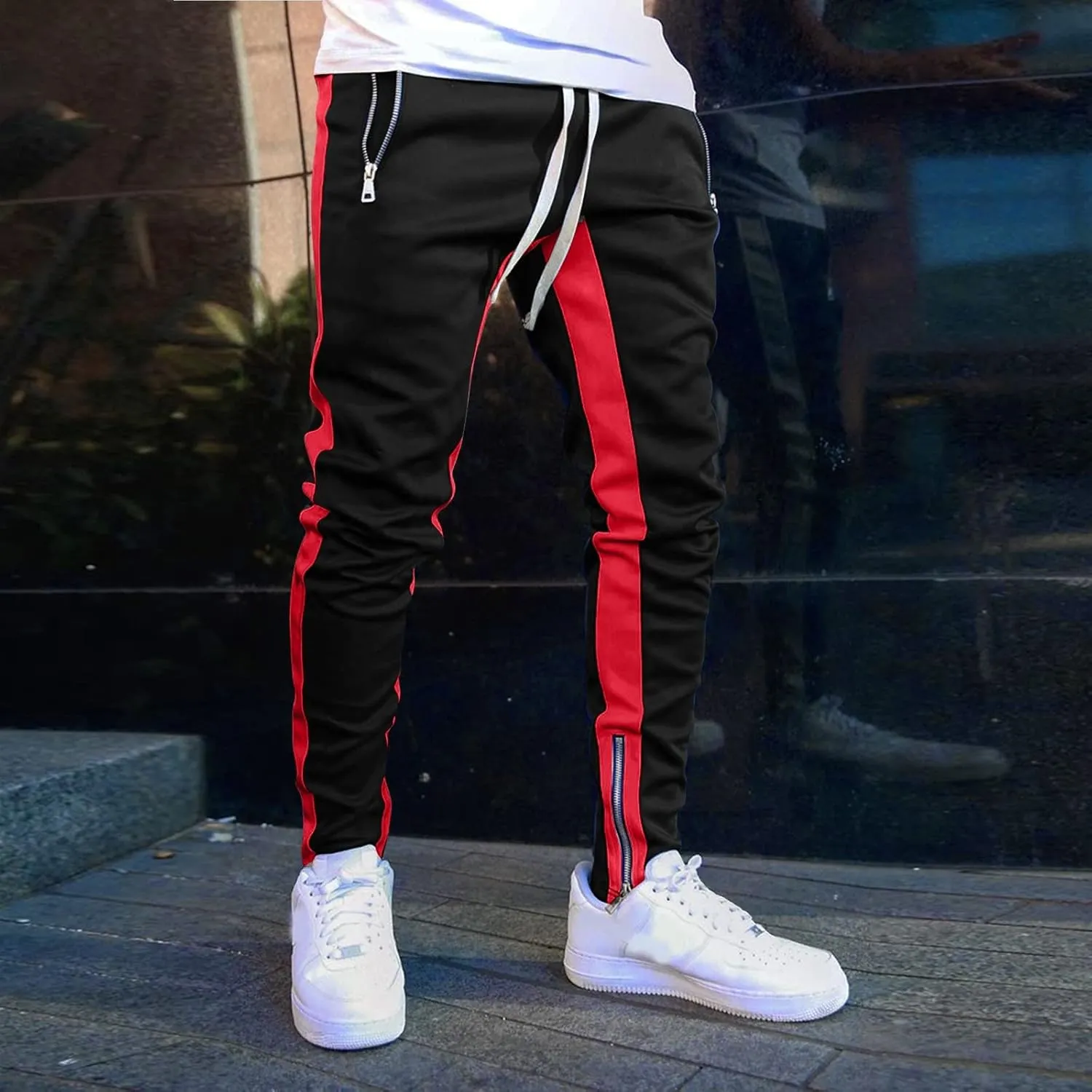 Mens Sweatpants with Pockets Waist Zipper Hem Corduroy Cargo Pants with Pockets Men's Casual Drawstring High Waisted