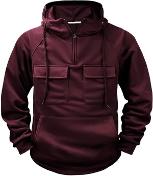 Men's Tactical Hoodies Solid Color Quarter Zip Sweatshirt Multi Pockets Jakcets Fleece Winter Warm Oversized Pullover
