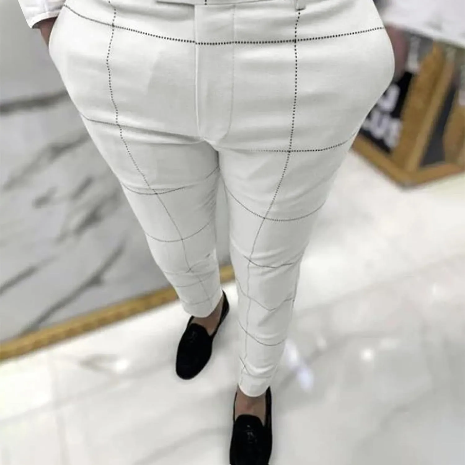 Men's Traditional Plaid Chino Pants Slim Fit Casual Striped Business Style Slim Pants Sweatpants