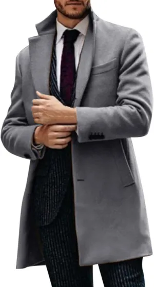 Men's Trench Coat 2024 Trendy Notch Lapel Wool Blend Warm Overcoat Casual Single Breasted Long Jackets