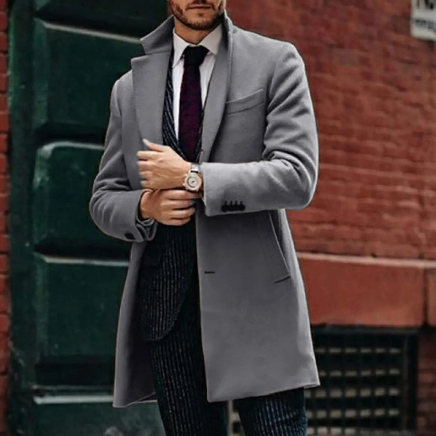 Men's Trench Coat 2024 Trendy Notch Lapel Wool Blend Warm Overcoat Casual Single Breasted Long Jackets