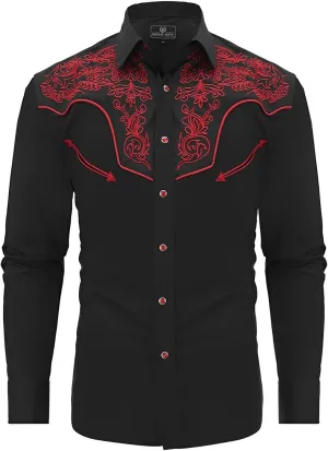 Men's Western Cowboy Shirt Embroidered Long Sleeve Casual Snap Button Down Shirt