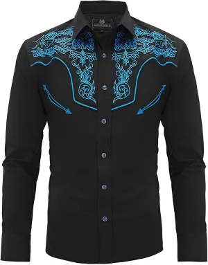 Men's Western Cowboy Shirt Embroidered Long Sleeve Casual Snap Button Down Shirt