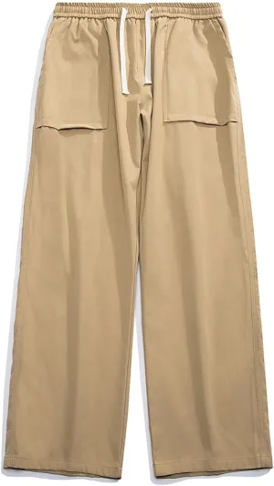 Mens Wide Leg Chino Pants Loose Fit Elastic Waist Drawstring Cargo Pants with Multi Pockets Open Bottom Comfort Sweatpants