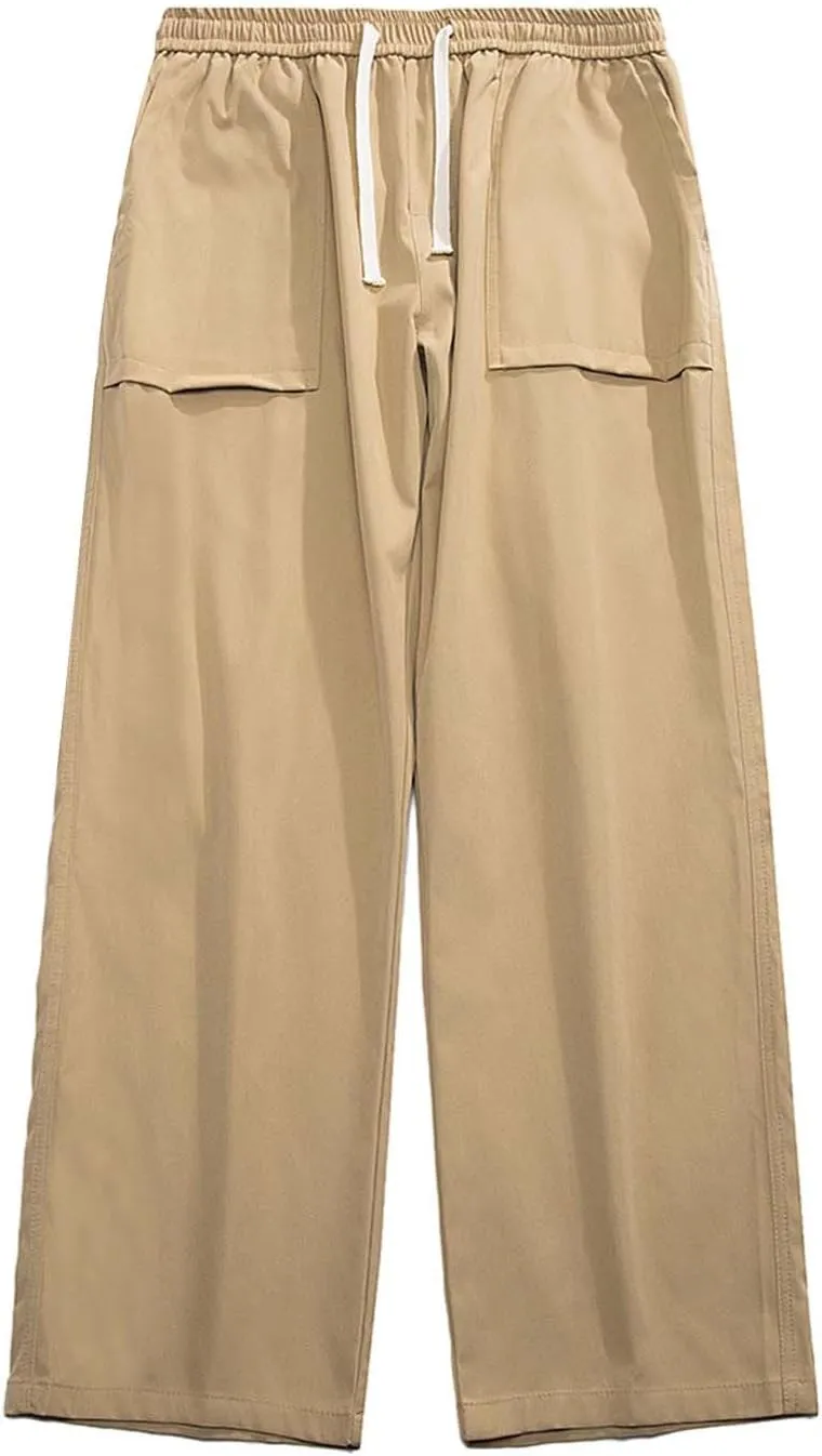 Mens Wide Leg Chino Pants Loose Fit Elastic Waist Drawstring Cargo Pants with Multi Pockets Open Bottom Comfort Sweatpants