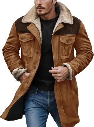 Mens Winter Coats Vintage Suede Patchwork Lamb Fleece Long Jacket Trucker Warm Casual Coat Overesized Thick Trench Coat