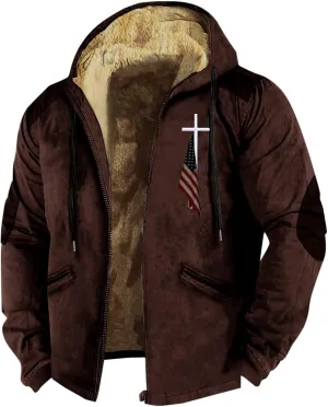 Mens Winter Jacket Printed Flag Hooded Brown Zipper Personalized Patch Casual Cotton Jacket Black Fleece