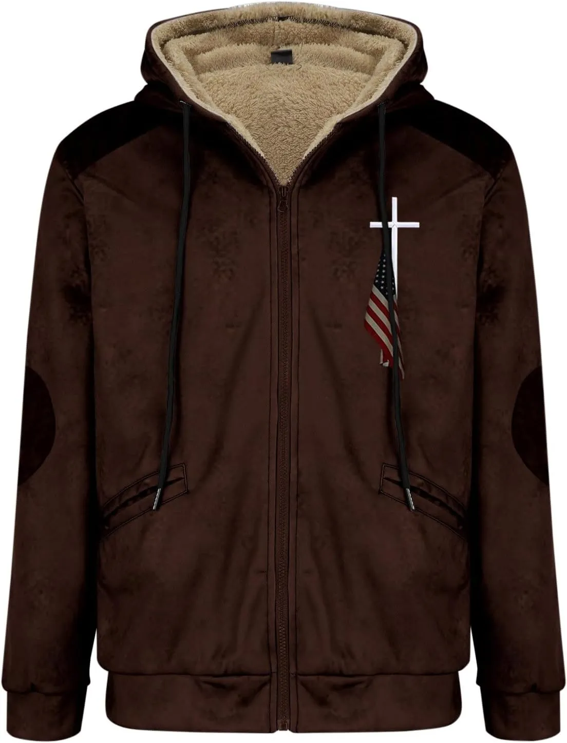 Mens Winter Jacket Printed Flag Hooded Brown Zipper Personalized Patch Casual Cotton Jacket Black Fleece