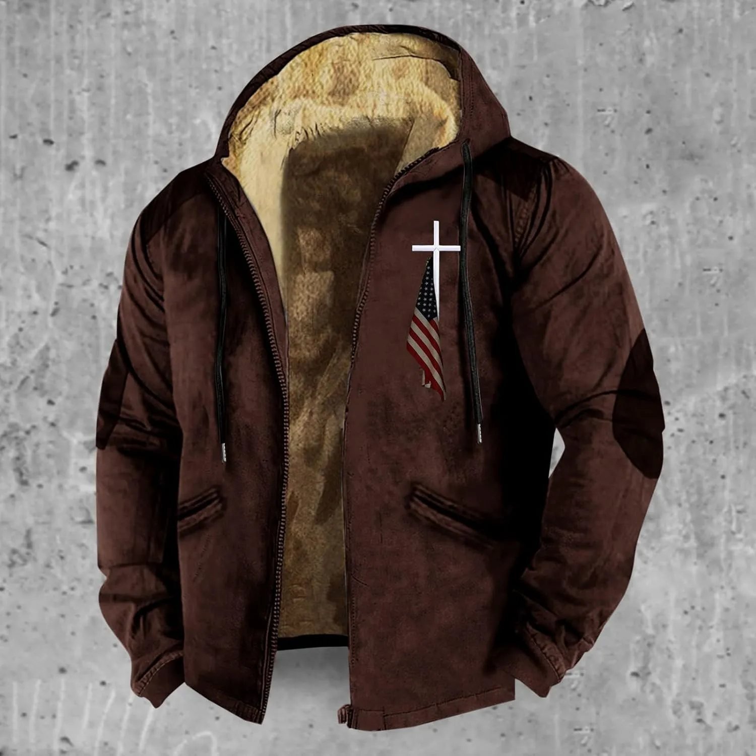 Mens Winter Jacket Printed Flag Hooded Brown Zipper Personalized Patch Casual Cotton Jacket Black Fleece