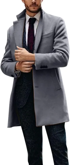 Men's Wool Blend Pea Coat Notched Collar Single Breasted Overcoat Warm Winter Mid-Length Thermal Business Peacoat