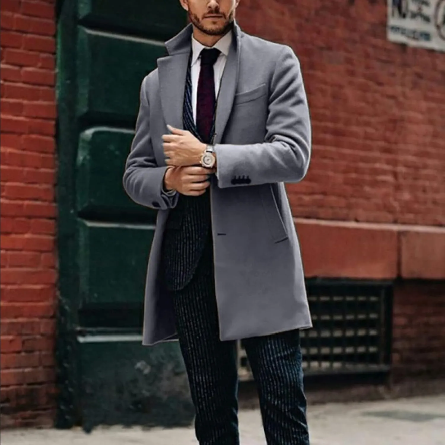 Men's Wool Blend Pea Coat Notched Collar Single Breasted Overcoat Warm Winter Mid-Length Thermal Business Peacoat