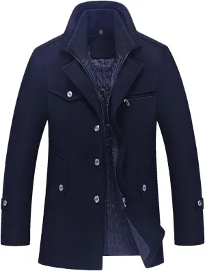 Men's Wool Blend Pea Coat Warm Winter Trench Coat Wool Jacket Windbreaker Collar Single Breasted Overcoat