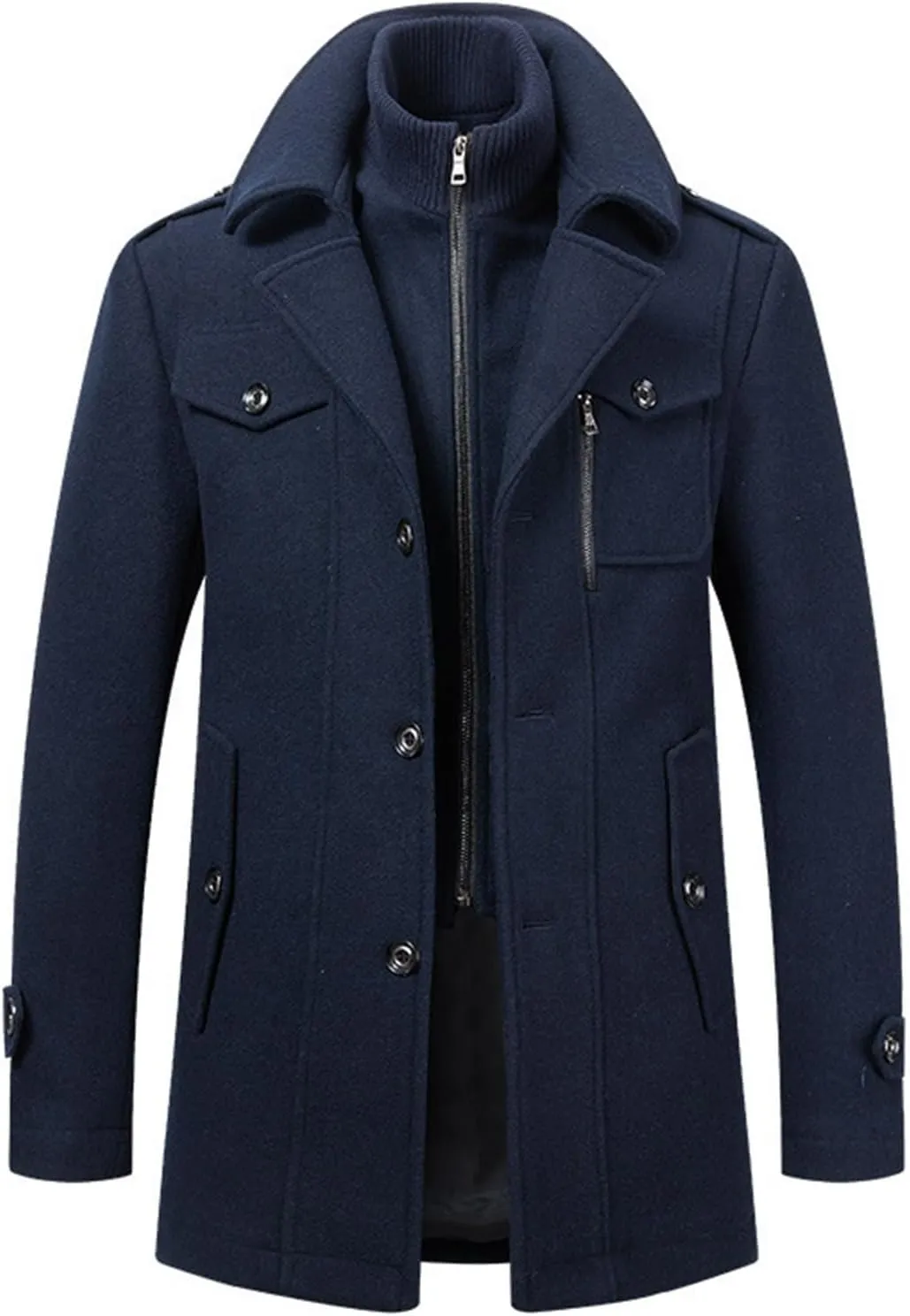 Men's Wool Blend Pea Coat Warm Winter Trench Coat Wool Jacket Windbreaker Collar Single Breasted Overcoat