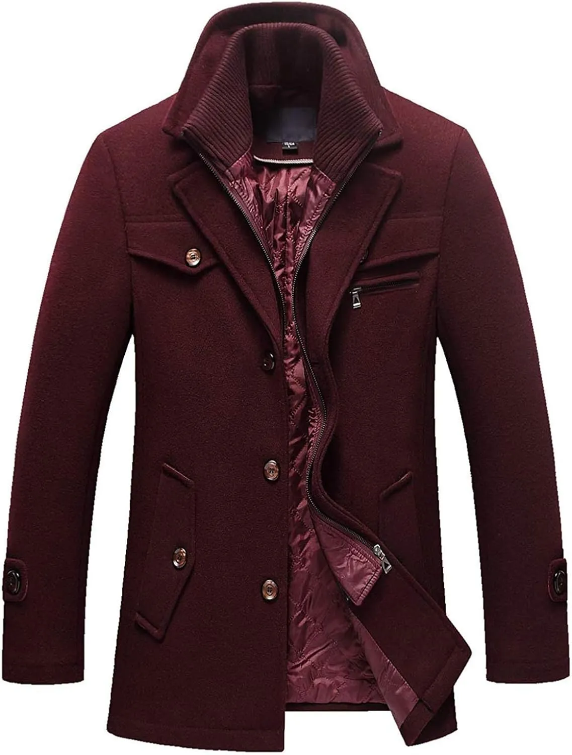 Men's Wool Blend Pea Coat Warm Winter Trench Coat Wool Jacket Windbreaker Collar Single Breasted Overcoat