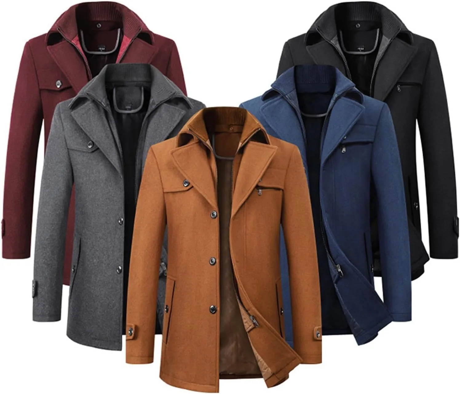 Men's Wool Blend Pea Coat Warm Winter Trench Coat Wool Jacket Windbreaker Collar Single Breasted Overcoat