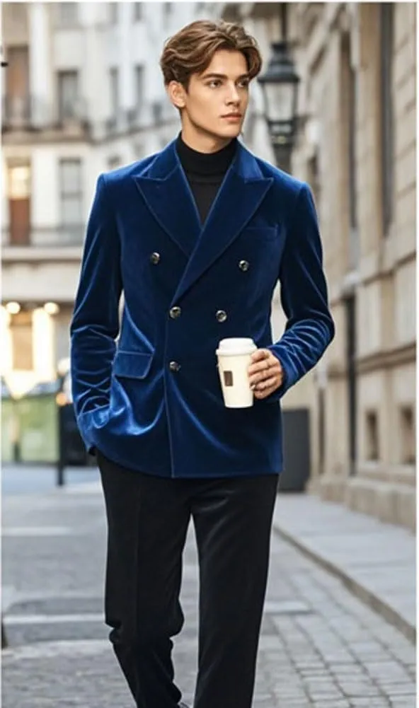 Mi Bo Tong Mens Double Breasted Velvet Blazer Peak Lapel Dinner Jacket for Men Prom Party Coat