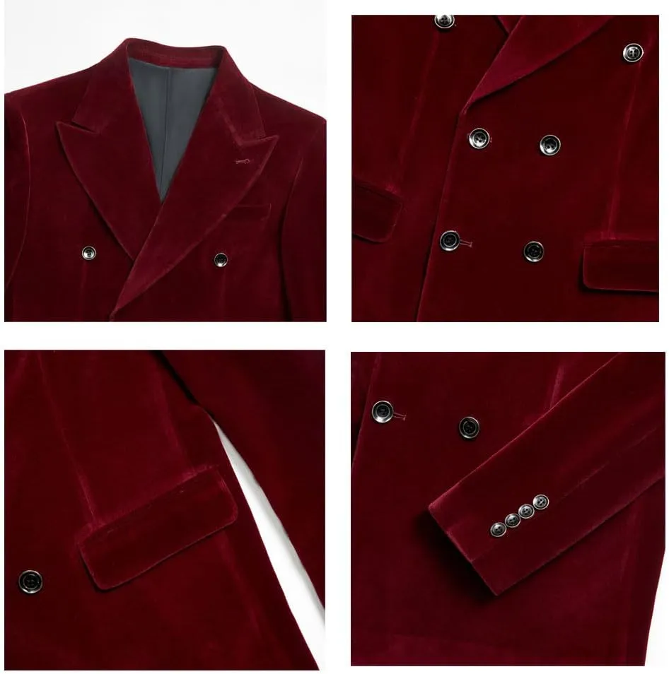 Mi Bo Tong Mens Double Breasted Velvet Blazer Peak Lapel Dinner Jacket for Men Prom Party Coat
