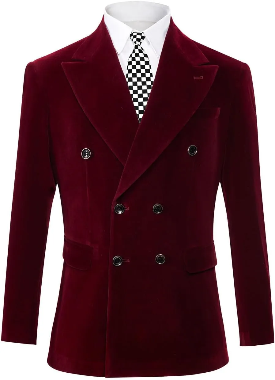 Mi Bo Tong Mens Double Breasted Velvet Blazer Peak Lapel Dinner Jacket for Men Prom Party Coat