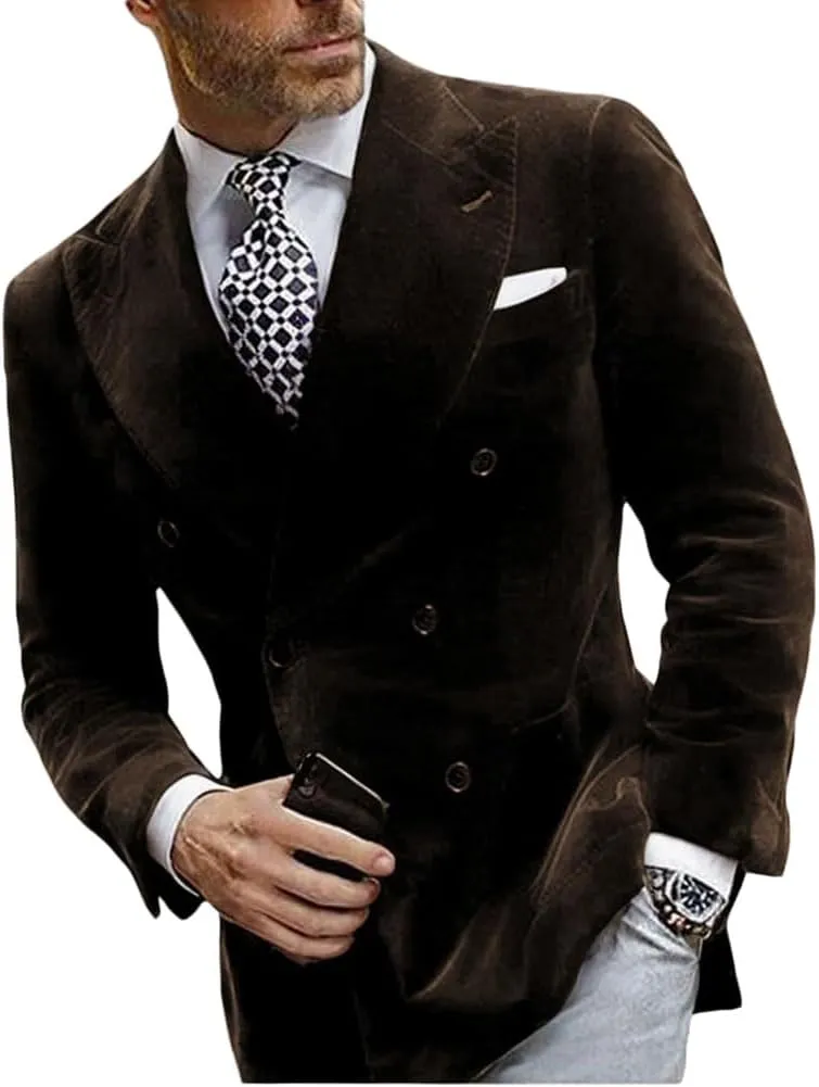 Mi Bo Tong Mens Double Breasted Velvet Blazer Peak Lapel Dinner Jacket for Men Prom Party Coat