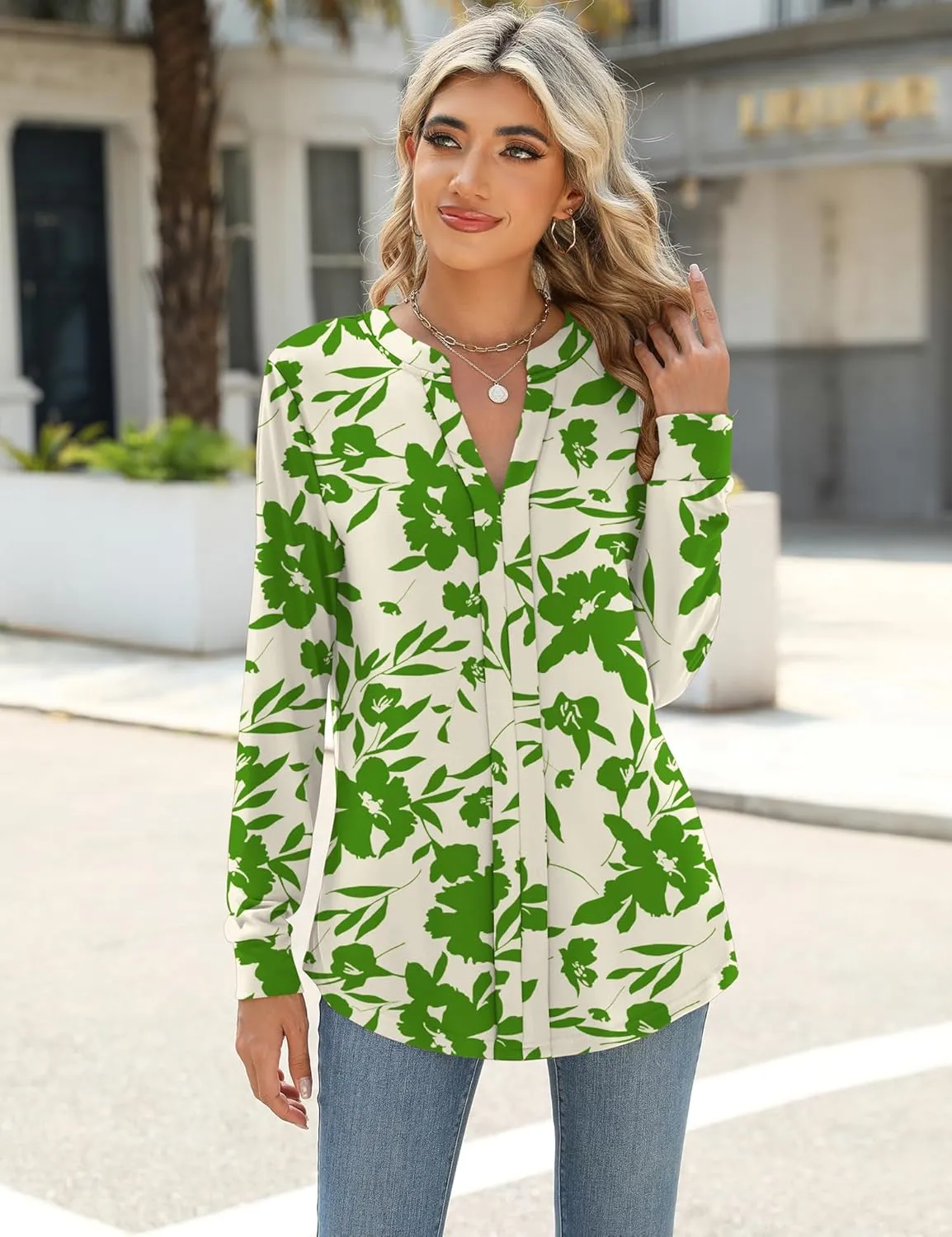 Micoson Womens Tops Dressy Casual Long Sleeve Business Shirts V Neck Pleated Work Blouses Loose Fit Fall Trendy Knit Top