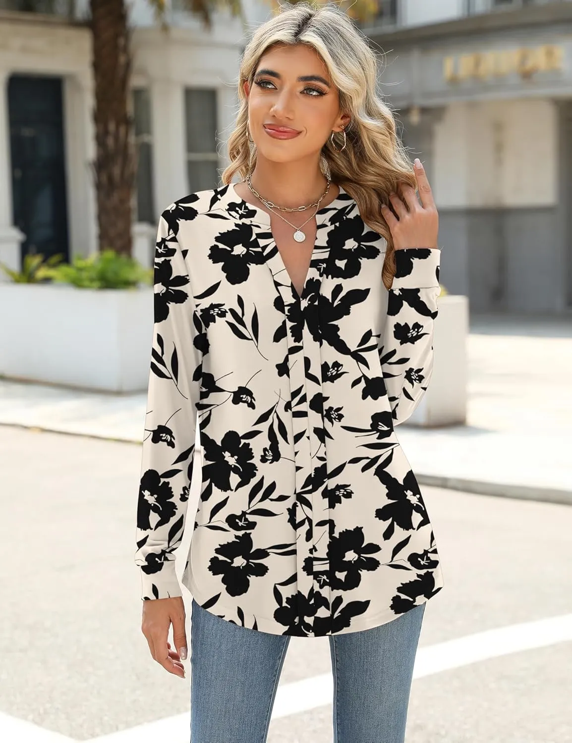 Micoson Womens Tops Dressy Casual Long Sleeve Business Shirts V Neck Pleated Work Blouses Loose Fit Fall Trendy Knit Top