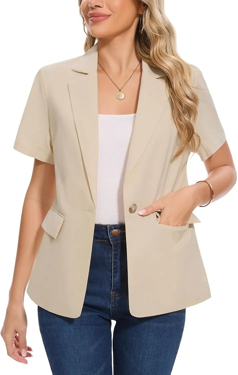 MINTLIMIT Women's Cotton Linen Blazer Jacket Short Sleeve Summer Casual Lightweight Button Lapel Blazers with Pockets