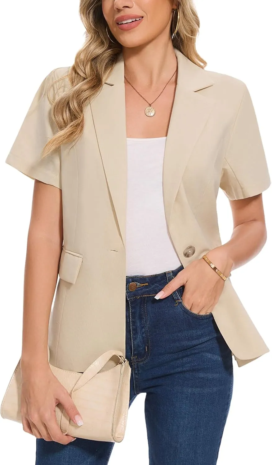 MINTLIMIT Women's Cotton Linen Blazer Jacket Short Sleeve Summer Casual Lightweight Button Lapel Blazers with Pockets