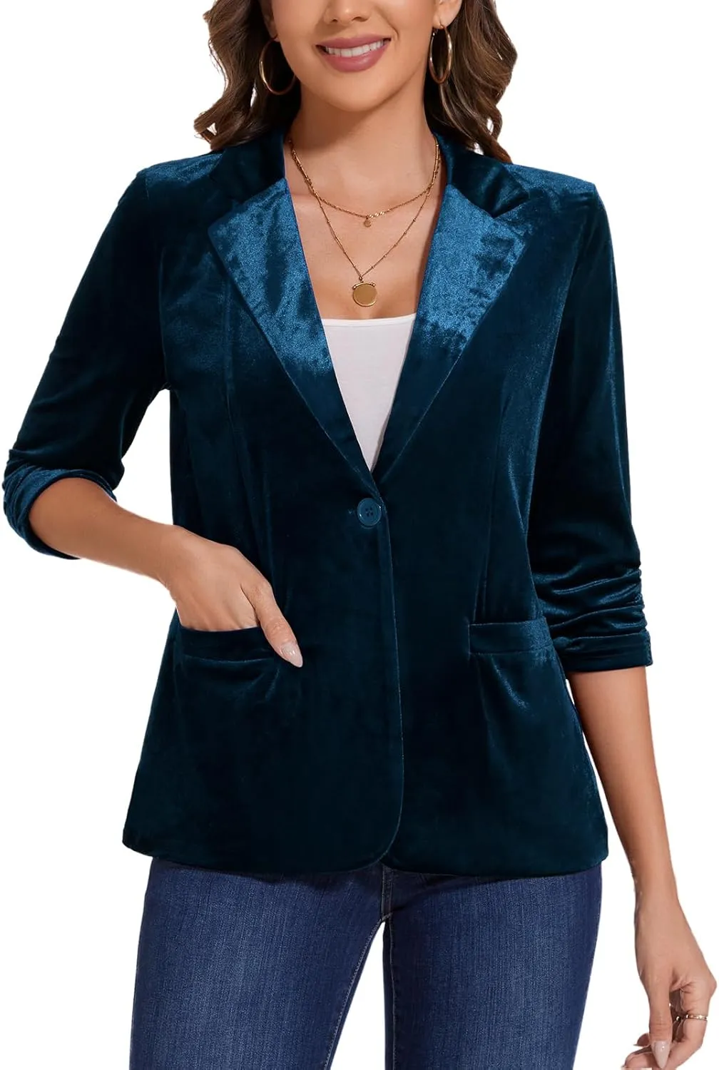 MINTLIMIT Women's Velvet Blazer Ruched 3/4 Sleeve Jacket Notch Lapel Button Open Front Casual Blazers with Pockets