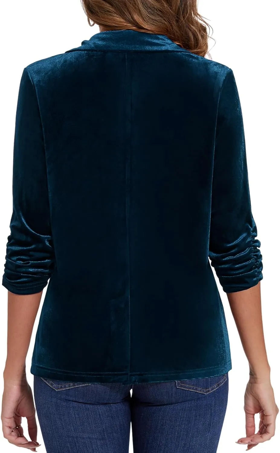MINTLIMIT Women's Velvet Blazer Ruched 3/4 Sleeve Jacket Notch Lapel Button Open Front Casual Blazers with Pockets
