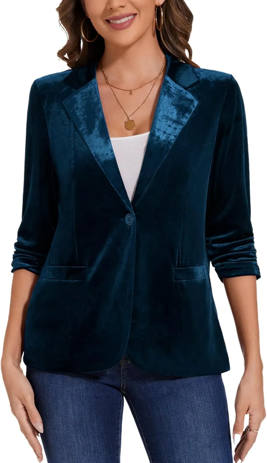 MINTLIMIT Women's Velvet Blazer Ruched 3/4 Sleeve Jacket Notch Lapel Button Open Front Casual Blazers with Pockets